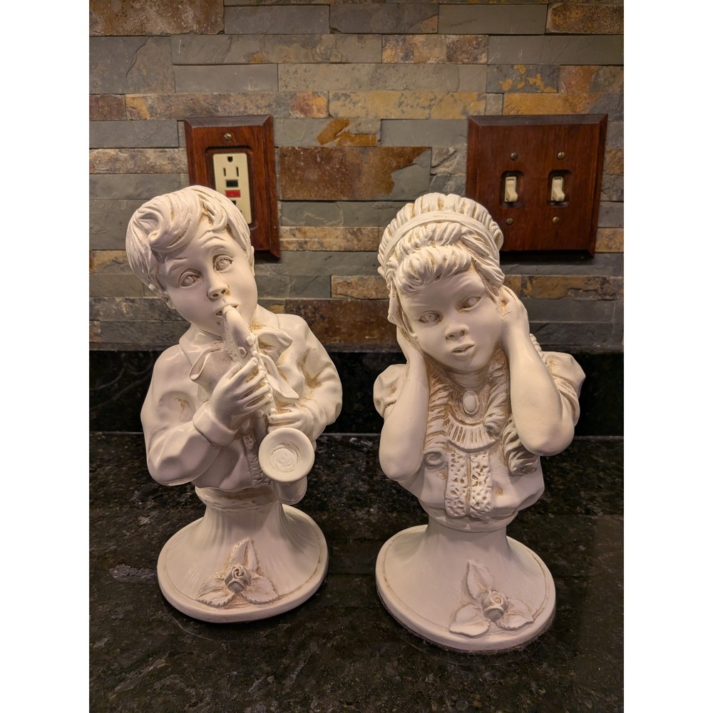 Vintage 1971 Universal Statuary Boy & Girl Chalkware Bust Set